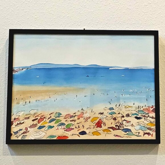 Busy beach day watercolor painting Handpainted original 18x24 inches - Picture 1 of 3